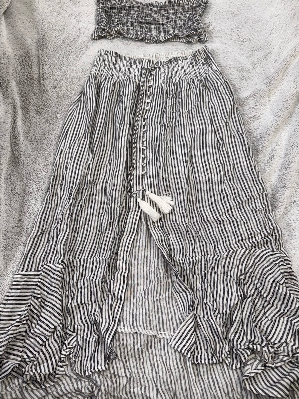 Striped Black & White Maxi Skirt with Tassel Tie and strapless top set